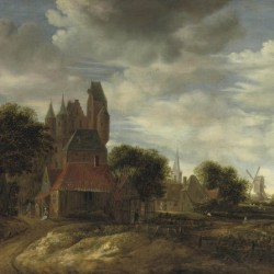 The outskirts of a Dutch town with cottages and castle